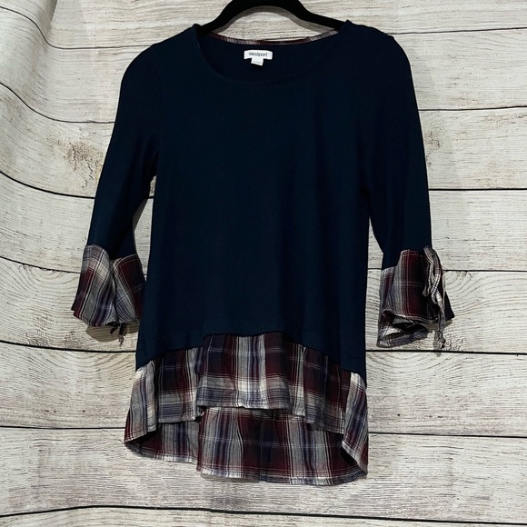 🤎3/$10 Westport Navy & Plaid Blouse XS - Picture 4 of 13